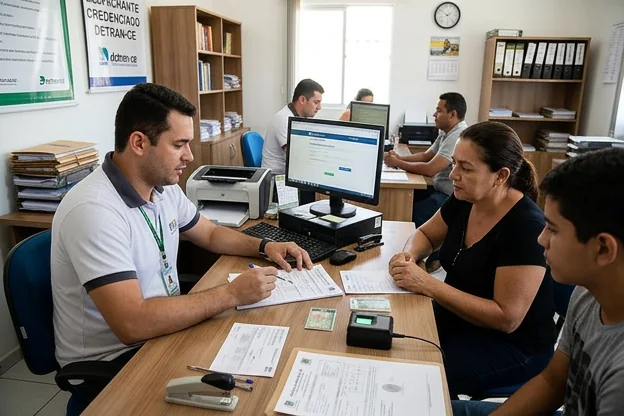 Profissionais ajudando no processo de renovação da CNH em Itapipoca.