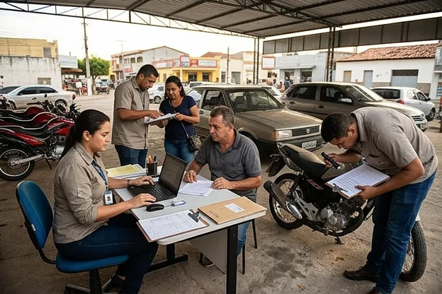 Profissionais cuidando do licenciamento anual de veículos em Itapipoca.